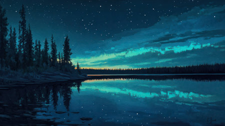 Clear night skies over Swift Lake, with the Northern Lights dancing across the horizon, reflecting on the water.の素材