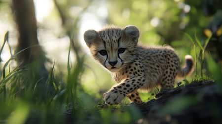 A young cheetah cub exploring its surroundings, showcasing its curiosity and playful nature amidst the wild.の素材