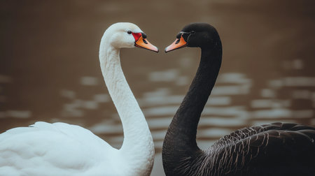 A white swan and black swan standing side by side, their long necks gracefully arched in unison.の素材