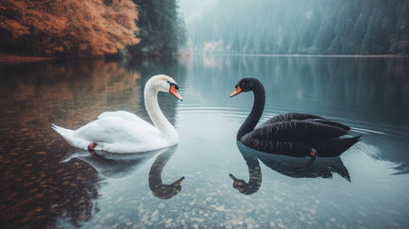The serene beauty of a white swan and black swan floating peacefully in a clear, still lake.の素材