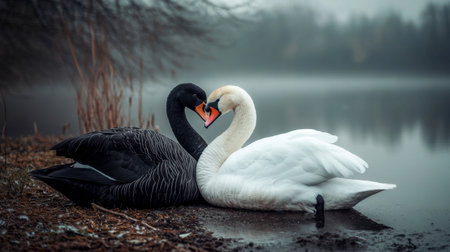 The elegance of a white swan and black swan resting peacefully together on the shore of a quiet lake.の素材