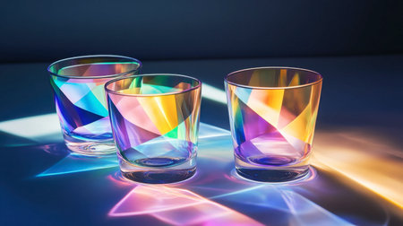 Stylish drinking glasses with holographic elements that change color depending on the angle of light.の素材
