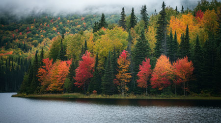 Early autumn colors beginning to show around Swift Lake, with trees transitioning from green to warm oranges and reds.の素材