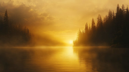 Sunrise over Swift Lake, casting a golden glow across the water and illuminating the mist that hangs just above the surface.の素材