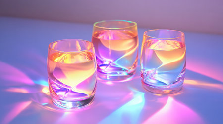 Stylish drinking glasses with holographic elements that change color depending on the angle of light.の素材