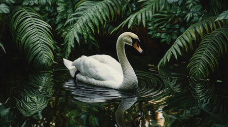 The beauty of a white and black swan floating in a tranquil lake surrounded by lush greenery.の素材