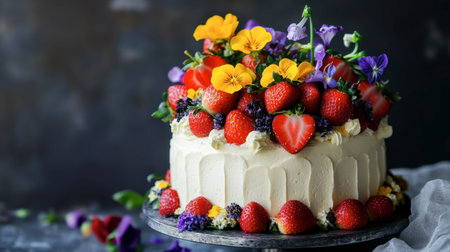 A whimsical cake decorated with fresh strawberries and edible flowers, showcasing creativity and elegance for a special occasion.の素材