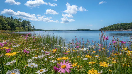 Vibrant wildflowers blooming along the shores of Swift Lake, with the calm water and surrounding wilderness in the background.の素材