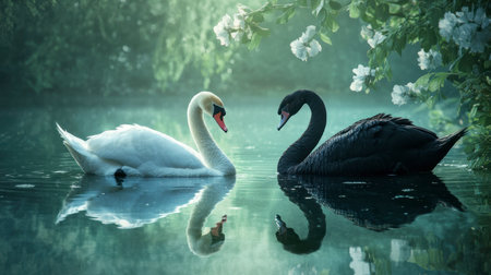The serene beauty of a white swan and black swan floating peacefully in a clear, still lake.の素材