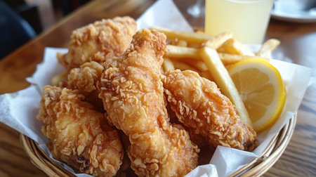 A basket of fried chicken pieces, golden and crispy, with a side of french fries and a refreshing lemonade.の素材