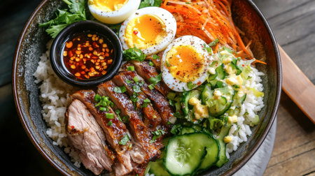 A beautifully arranged pork leg rice dish with soft-boiled eggs, pickled vegetables, and a side of spicy dipping sauce.の素材