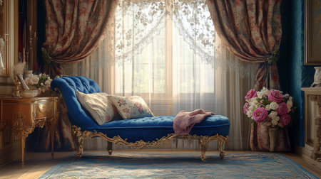 A beautiful princess living room decorated with floral patterns, lace curtains, and a royal blue velvet chaise lounge.の素材