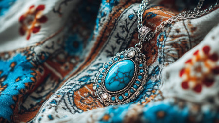 A beautiful turquoise gemstone necklace lying on a boho-style fabric.の素材