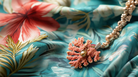 A beautiful coral necklace resting on a tropical-themed fabric for a beachy vibe.の素材