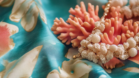 A beautiful coral necklace resting on a tropical-themed fabric for a beachy vibe.の素材