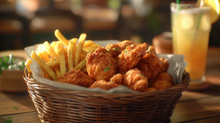 A basket of fried chicken pieces, golden and crispy, with a side of french fries and a refreshing lemonade.の素材
