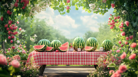 A beautiful garden setting with whole watermelons displayed on a picnic table adorned with flowers and summer decor.の素材