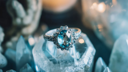 A beautiful aquamarine ring displayed on a crystal stand, capturing its clarity and color.の素材