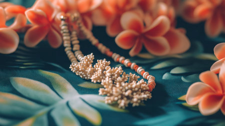 A beautiful coral necklace resting on a tropical-themed fabric for a beachy vibe.の素材