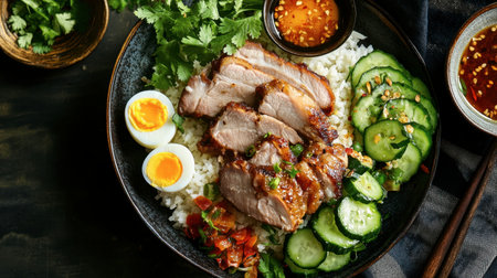 A beautifully arranged pork leg rice dish with soft-boiled eggs, pickled vegetables, and a side of spicy dipping sauce.の素材