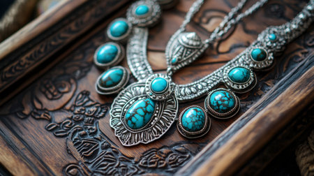 A boho-inspired necklace with turquoise stones and silver accents lying on a wooden tray.の素材