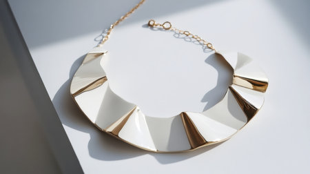 A bold statement necklace with large geometric shapes arranged on a modern, white surface.の素材