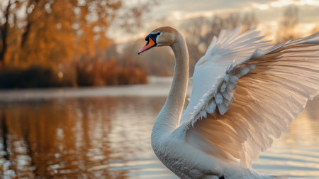 A close-up of a beautiful swan spreading its wings as it prepares to take flight over a still lake.の素材