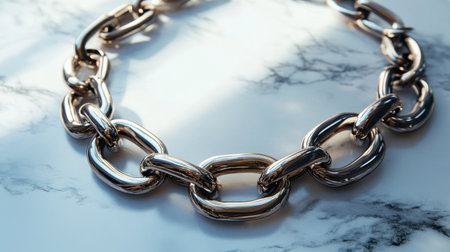 A bold metal necklace with chunky links displayed against a marble surface.の素材
