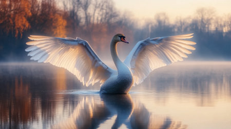 A close-up of a beautiful swan spreading its wings as it prepares to take flight over a still lake.の素材