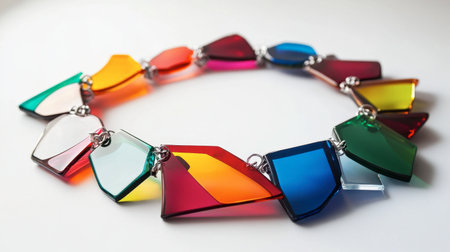 A bold statement necklace made from colorful acrylic pieces, resting on a white surface.の素材