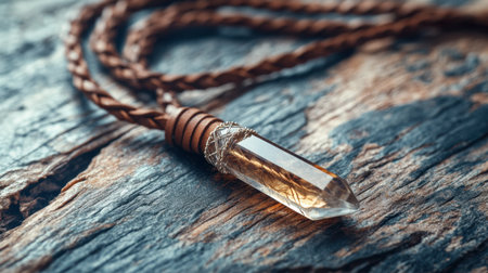 A bohemian-style leather cord necklace with a crystal pendant displayed on a rustic background.の素材