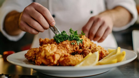 A chef garnishing a plate of fried chicken with fresh parsley and lemon wedges for an elegant touch.の素材