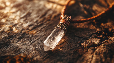 A bohemian-style leather cord necklace with a crystal pendant displayed on a rustic background.の素材