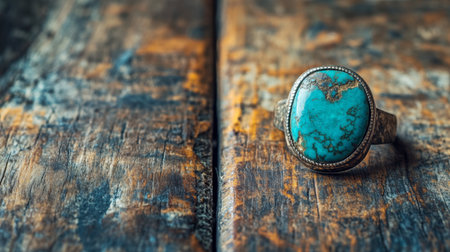 A close-up of a bold turquoise ring resting on a rustic wooden table, evoking a bohemian vibe.の素材