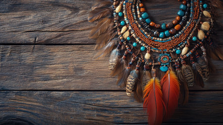 A bohemian-style necklace with feathers and beads, displayed on a rustic wooden surface.の素材