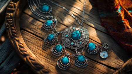 A boho-inspired necklace with turquoise stones and silver accents lying on a wooden tray.の素材