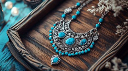 A boho-inspired necklace with turquoise stones and silver accents lying on a wooden tray.の素材