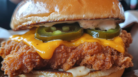 A close-up of a crispy fried chicken sandwich with melted cheese and jalapeos, capturing its spicy appeal.の素材