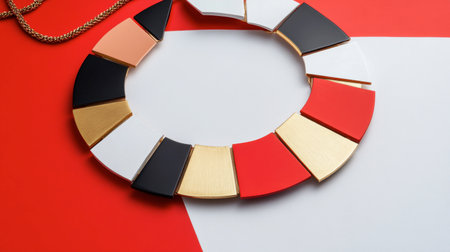 A bold statement necklace with large geometric shapes arranged on a modern, white surface.の素材