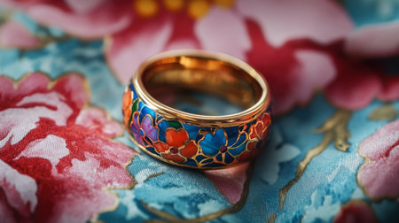 A close-up of a colorful enamel ring resting on a floral backdrop, creating a vibrant aesthetic.の素材