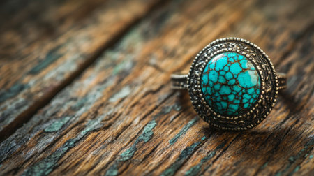A close-up of a bold turquoise ring resting on a rustic wooden table, evoking a bohemian vibe.の素材