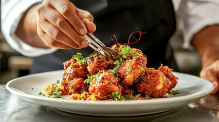 A chef plating a dish of fried chicken with a gourmet twist, including exotic spices and garnishes.の素材