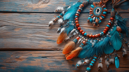 A bohemian-style necklace with feathers and beads, displayed on a rustic wooden surface.の素材