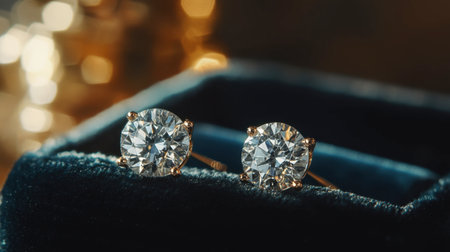 A close-up of a pair of elegant diamond stud earrings resting on a velvet jewelry box.の素材