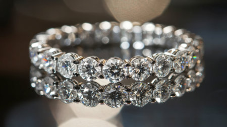 A close-up of a diamond-studded eternity ring, elegantly placed on a reflective surface.の素材