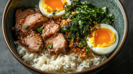A classic Thai dish of pork leg rice with soft-boiled eggs, pickled mustard greens, and fragrant jasmine rice.の素材