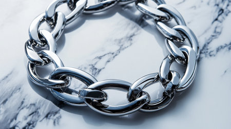 A bold metal necklace with chunky links displayed against a marble surface.の素材