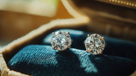 A close-up of a pair of elegant diamond stud earrings resting on a velvet jewelry box.の素材