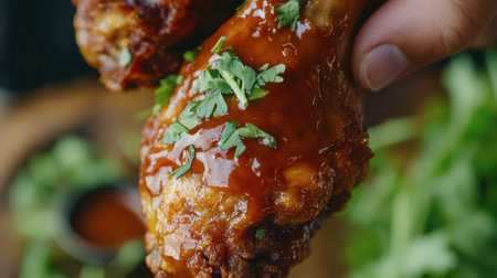 A close-up of a fried chicken drumstick held by a hand, dripping with sauce and garnished with fresh herbs.の素材
