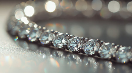 A close-up of a diamond tennis necklace glittering under soft studio lighting.の素材
